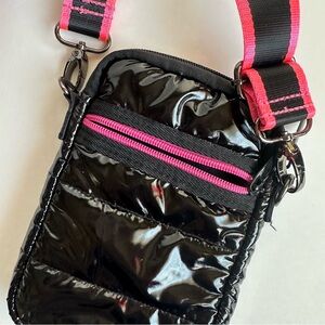 Haute Shore Casey Black Shiny Patent Cellphone Crossbody Hot Pink Strap